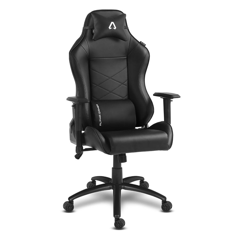 Alpha Gamer Atena - Silla Gaming de Cuero PU, Ergonómica, Reposabrazos Ajustables, Cojín Cervical y Lumbar, Base de Metal, 150KG - Negro