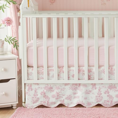 Image of Brandream Scallop Edge Cotton Crib Skirt, Baby Girl, French Country Pink Toile Crib Skirt Toddler Bedskirt Farmhouse Chic Nursery Crib Bed Skirt, Boho Bohemian Vintage Floral Print