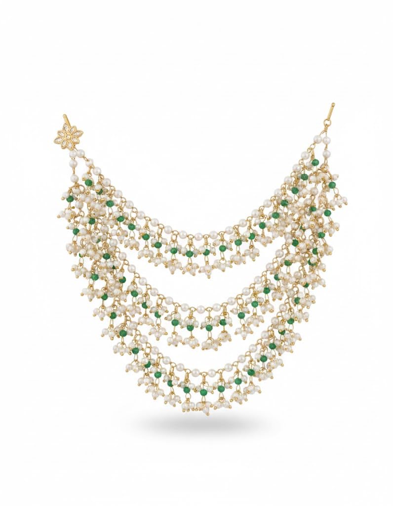 Gold Plated White & Green Pearl Brass Hair Chain for Women | Bridal Head Jewellery Hair Accessory | Elegant Pearl Hair Ornament for Wedding Party Festival Wear | Traditional Hair Chain Gift for Girls Ladies-image-16