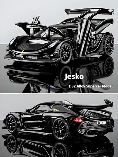 Image of 1:32 Scale Koenigsegg Jesko Model Super Car - Exclusive Alloy Metal Pullback Toy with Openable Doors, Lights, and Music for Kids (Black)