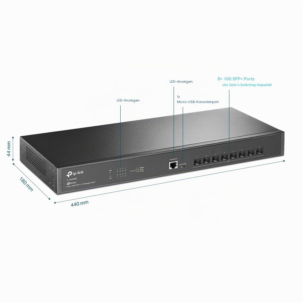 TP-Link TL-SX3008F | 8 Port 10G SFP+ Enterprise Level Switch | L2+ Smart Managed | Omada SDN Integrated | IPv6 | Statisches Routing | L2/L3/L4 QoS, IGMP & LAG | begrenzter lebenslanger Schutz