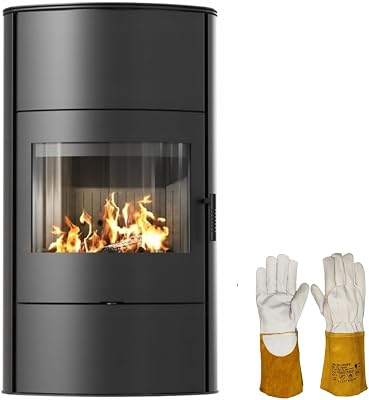 KRATKI Kaminofen AB/S/2/ROLLO Ø150 8 kW Schwarz – Drehbarer Stahl Holzofen mit Panoramascheibe, Kamineinsatz für Holz, moderner Heizeinsatz, effizienter Holzkamin Hitzebeständige Handschuhe inklusive