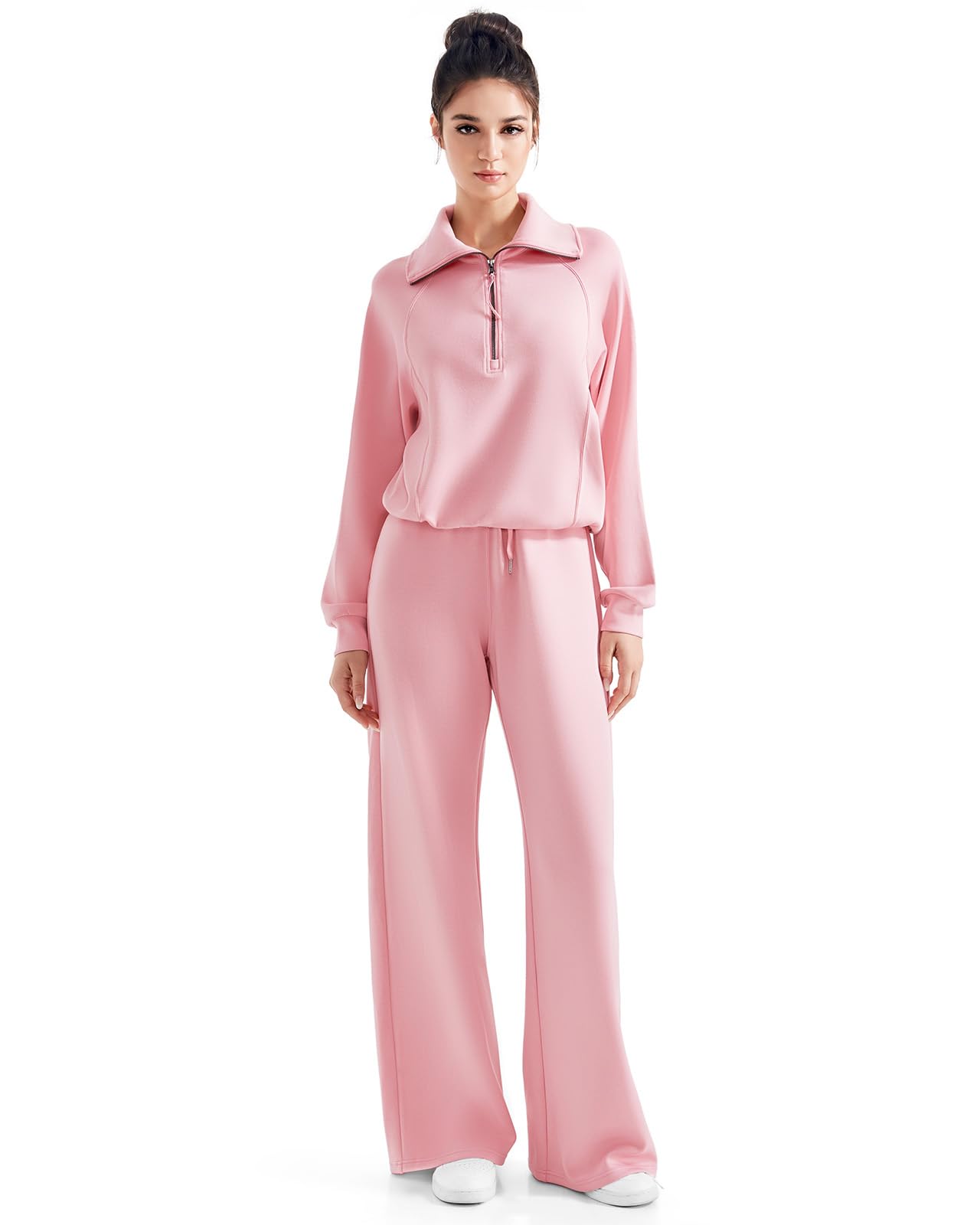 SUUKSESS Women 2 Piece Lounge Matching Set Wide Leg Sweatpant Half Zip Sweatshirt