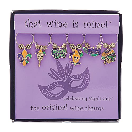 Wine Things Celebrating Mardi Gras Wine Charms, Zinc Alloy Wine Glass Tags for Stem Glasses, Drink Markers Identifiers for Parties, Tastings, and Entertaining, Multicolor, Set of 6