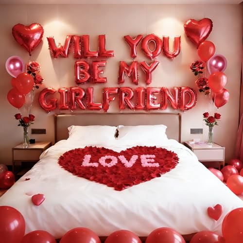 Red 16 Will You Be My Girlfriend Balloons Letters - 18 Heart Balloons Alphabet Foil Mylar Balloons with 1200 Pcs Artificial Rose Petals for Valentines Day Decorations