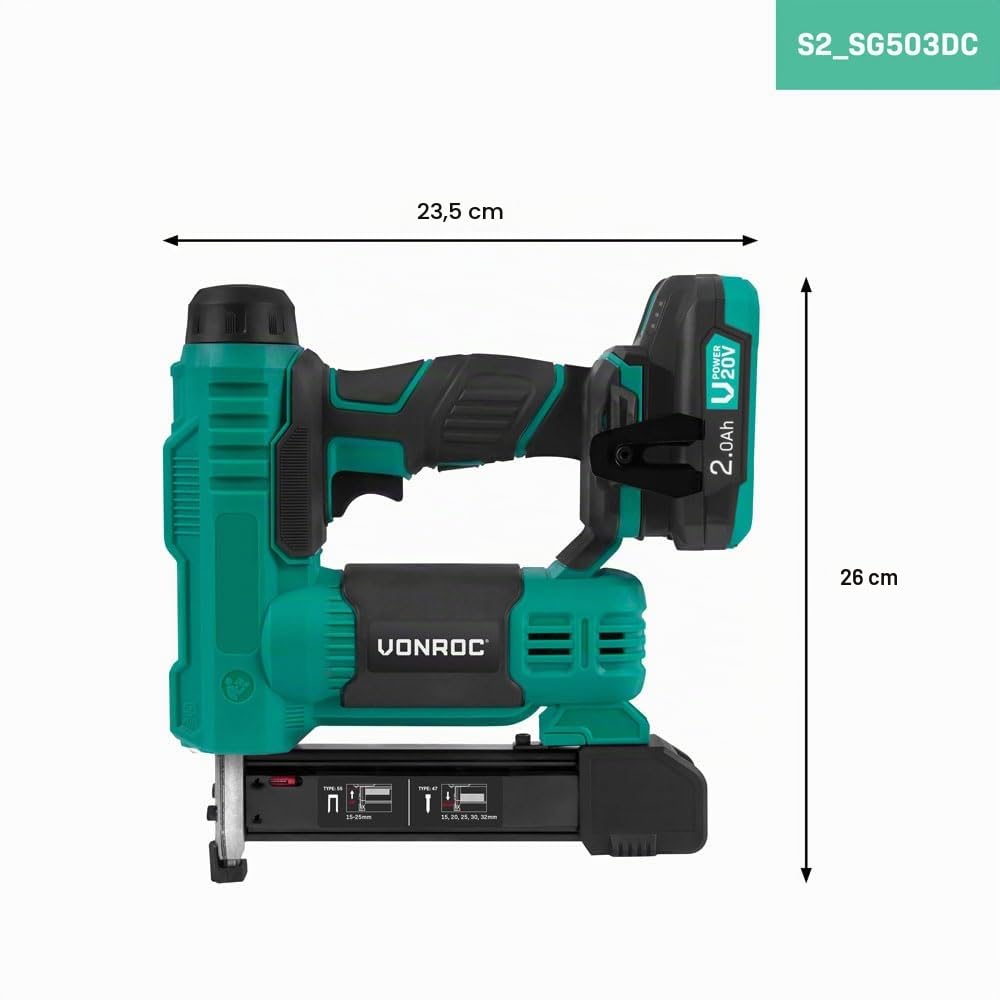 VONROC Agrafeuse Cloueuse Sans Fil 20V - 2 Batteries, 1000 Pièces d'Agrafes 20mm et 25mm, Chargeur Inclus - Taux Percussion 30 Clous/Agrafes par Minute - LED intégrée, Percussion Réglable