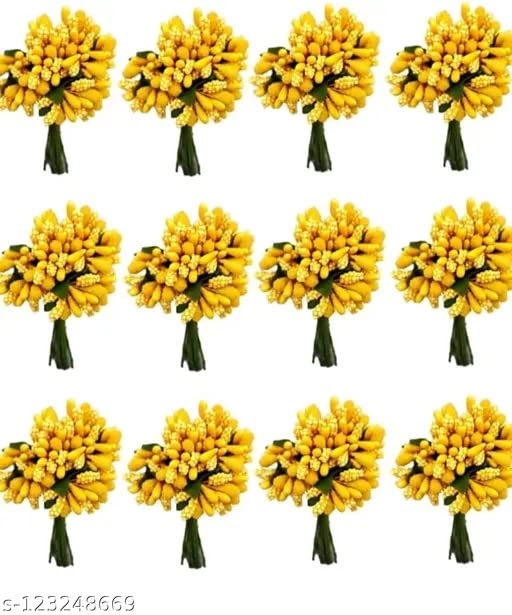 Image of Prokart Premium Pollen Flowers for Hair Accessories, Tiara Making, Jewelry Making and Dress Decoration | 12 Bunch of 12 Pollens Each | (Pack of 144 Pcs) (Yellow)