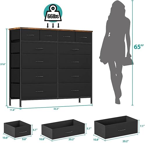 Miniatura 3 de VASICAR Cómoda para dormitorio con 12 cajones, cómoda de tela alta, cómoda para armario, guardería, mesita de noche, sala de estar, lavandería,