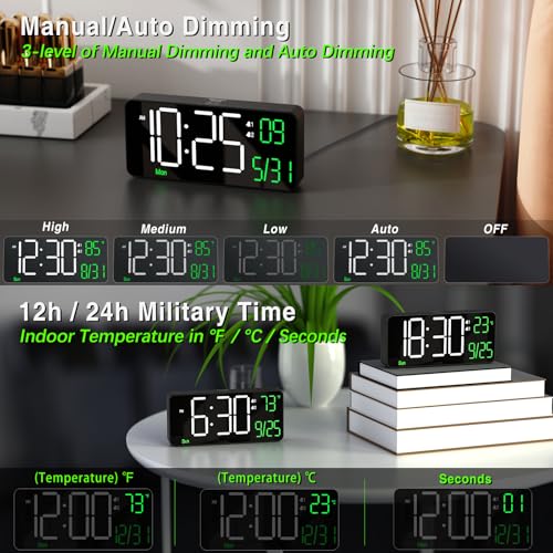 Image of KOSUMOSU Digital Alarm Clocks for Bedrooms,6.7in Black Small Digital Clock for Bedroom, Auto Dimming,Date,Week,Seconds or Indoor Temperature,Desk Clocks for Living Room,LED Alarm Clock Calendar