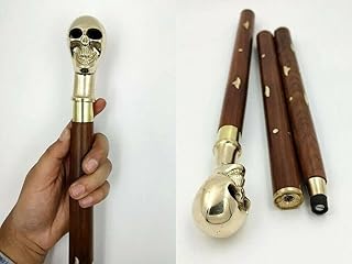 Blackperlcrafts by Brown Wood Walking Stick Antique Finish Solid Skull Brass Handle Cane Design Handmade Gift