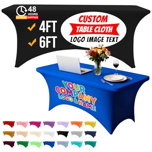 OUUKHGY Custom Tablecloth, Personalized Spandex Tablecloth with Bussiness Logo Text Photo Image, Washable Covers Protector Fit for Rectangular Fitted Events Stretch Table