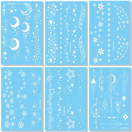 White Star Flower Temporary Tattoo For Women, Realistic Large Moon Snowflake Fake Tattoo Sticker Adult Girl Arm Hand Leg, Line Temp Tatoo Back Waist Thigh Wedding Party Favor Body Art Makeup, 6-Sheet