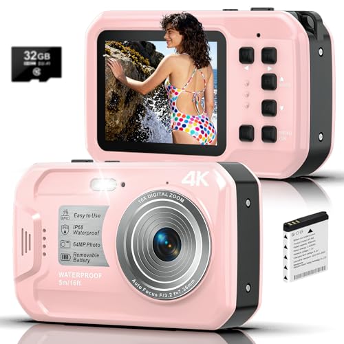 4K Underwater Camera, 64MP 16FT Waterproof Digital Camera with 32GB Card, Autofocus Floatable Waterproof Camera with IPS HD Screen, 16X Digital Zoom, Fill Light, for Surfing,Snorkeling,Swimming,Pink