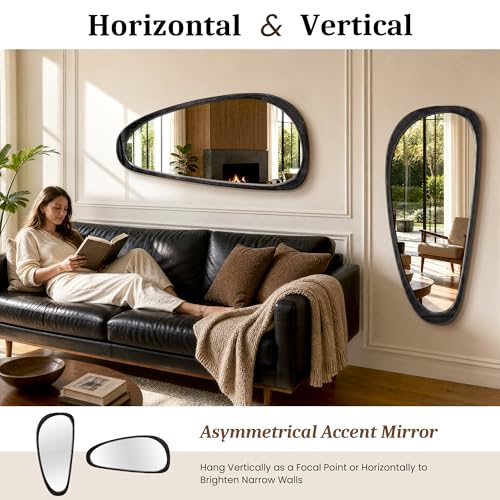 Image of Asymmetrical Mirror, 48 inchx22 inch Irregular Mirror Full Length, Wood Wall Mirror for Bathroom Bedroom Living Room Entryway Hallway, Mid Century Modern Decor (Black)