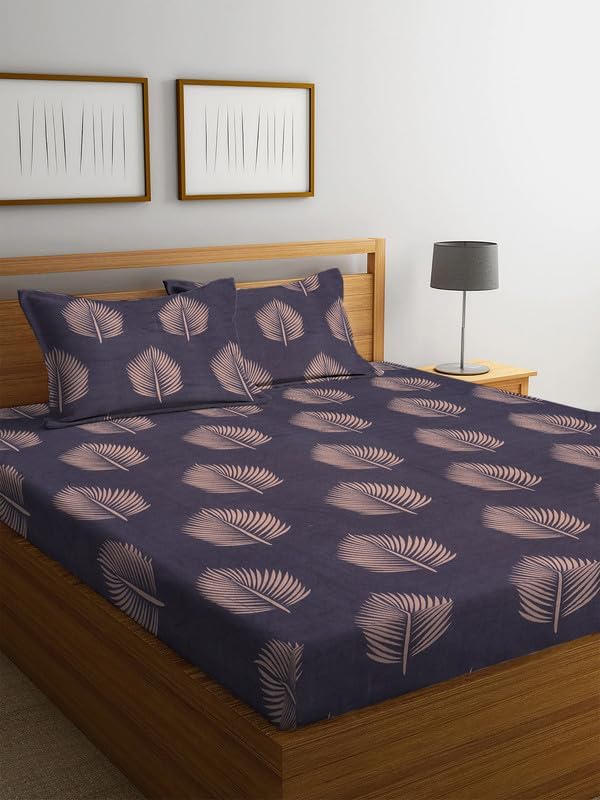 240 TC Cotton Feel Glace Cotton Elastic Fitted Printed King Size Double Bed Bedsheet with 2 Pillow Covers and Fits Upto 4-6 inches Mattress, Size- 72"x78"(Wine pankh)
