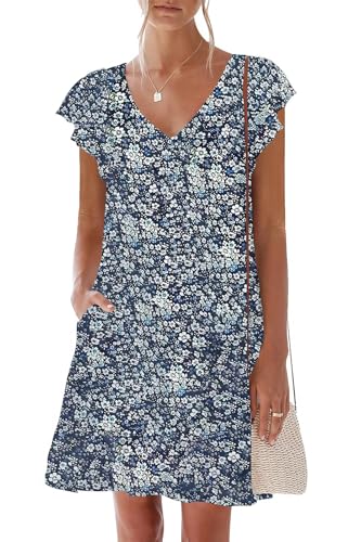 Image of nclook Womens Summer Casual Dresses Sweet Cute V Neck Mini Dress with Pockets Ruffle Short Sleeve