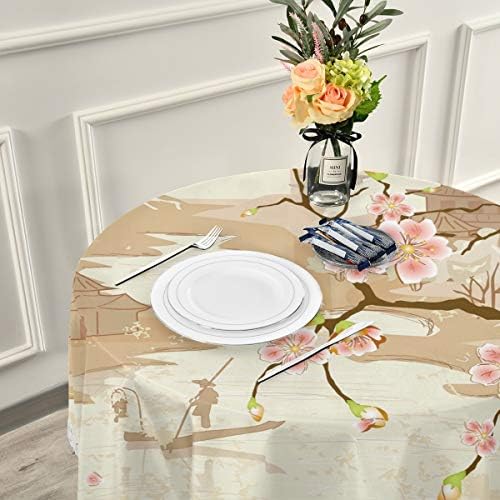 Mnsruu 60 Inch Round Japanese Village Fuji Mountain Cherry Blossom Tablecloth Table Cloth Cover Decorative Lace Macrame for Buffet Table, Party, Holiday Dinner