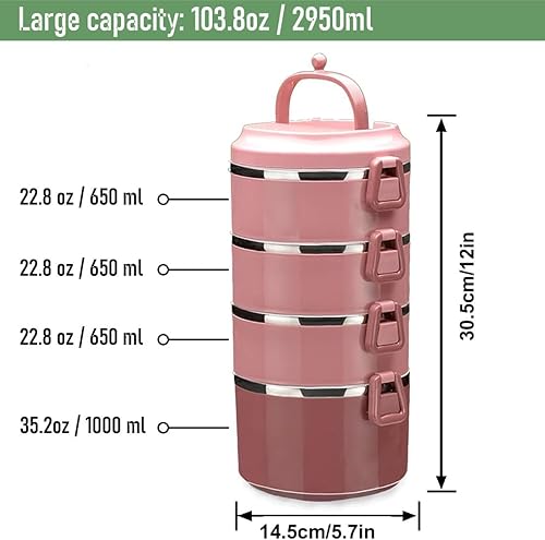 Miniatura 5 de SANQIAHOME Lonchera apilable de acero inoxidable de 4 niveles sellada (rosa, 4 capas) con cuchara y tenedor