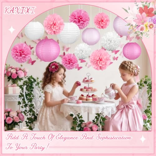 Image of KAXIXI 15-Piece Pink Party Decorations with Paper Lanterns & Pom Poms