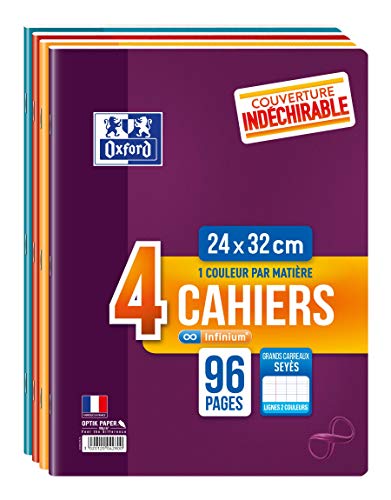 OXFORD Infinium Lot 4 Cahiers 24x32 cm Grands Carreaux Seyès 96 Pages 90gr Couverture Indéchirable 4 Couleurs Différentes