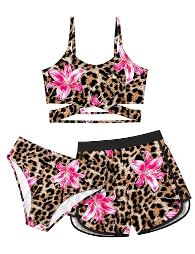 Image of Girls Swimsuit 3 Piece Bathing Suit Criss Cross Bikini Set Girls' Swimwear with Shorts 7-16T