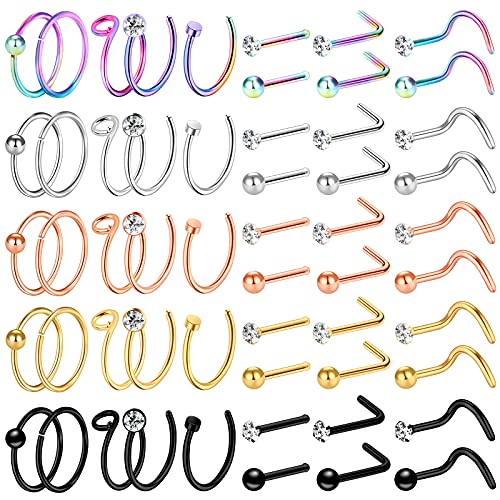 ONESING 55 Pcs 20G Nose Rings for Women Nose Rings Hoops Nose Piercing Jewelry CZ Nose Studs Screw L Shape Nose Bone Pin Stainless Steel Body Piercing Jewelry