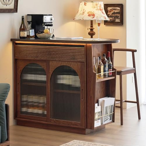 LLNWDNB Mesa de Bar con Cajón Ancho y Puertas de Cristal Correderas Doble Estantería Lateral Estructura de Madera Mueble de Bar para Hogar Comedor Salón A