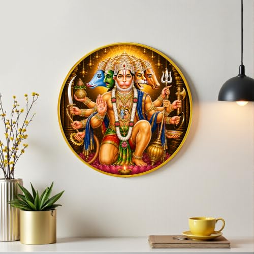 Image of PAINTINGMANTRA Panchmukhi Hanuman Ji Framed Wall Art Painting For Living Room| Spiritual Lord Hanuman Religious Poster with Round frame for Wall, Decoration item for Home, Office, 12 Inch