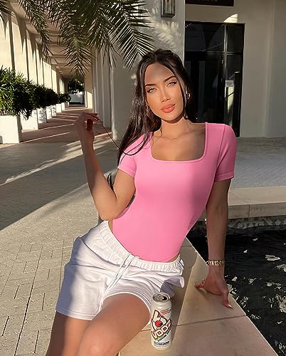 Image of OQQ Women's 2 Piece Bodysuits Sexy Ribbed One Piece Square Neck Short Sleeve Bodysuits