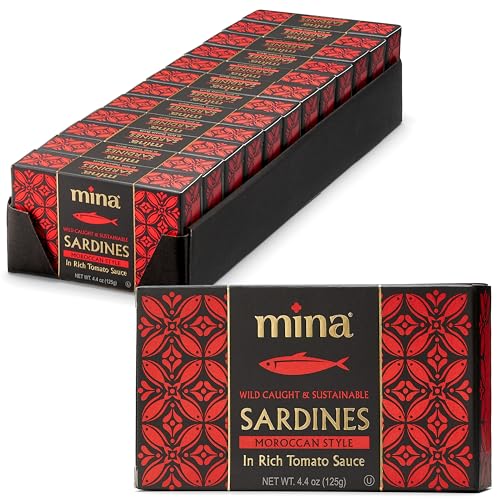 Mina Sardines in Tomato Sauce, Moroccan Style with Chermoula, 4.4 oz (12 Pack) Wild Caught Sardines, Responsibly Sourced, High in Protein, Omega 3, Vitamin D, Calcium, & Iron, Keto & Paleo