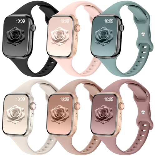 Image of 6 Pack Thin Slim Soft Silicone Bands Compatible with Apple Watch Women Men | 38mm 40mm 41mm 42mm 44mm 45mm 46mm 49mm, Waterproof Lightweight Strap for iWatch Series 11 /10 /9 /8 /7 /6 /5 /4 /3 /2 /1 SE Ultra