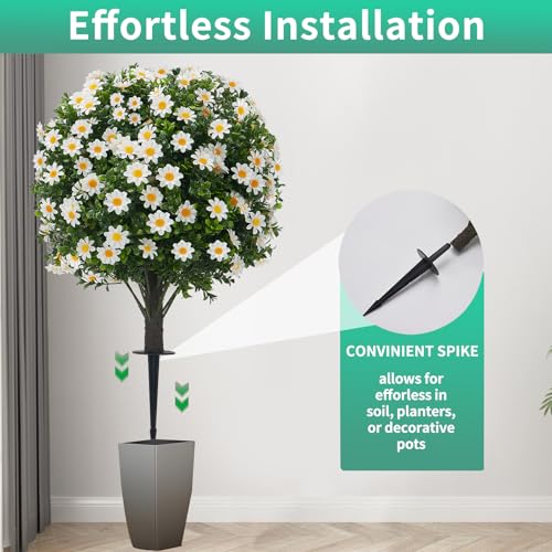 Image of 2 Pack Artificial Boxwood Topiary White Mum Flowers 24 UV Resistant Outdoor