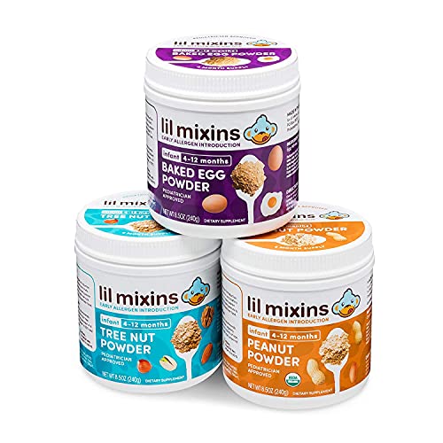 Lil Mixins Early Allergen Introduction Powder, Baked Egg, Tree Nut, & Peanut Mix-Ins | Baby Stage 1-3, For Infants & Babies 4-12 Mo., Support Healthy Food Tolerance | 8.5 Oz Jars, 4 Month Supply