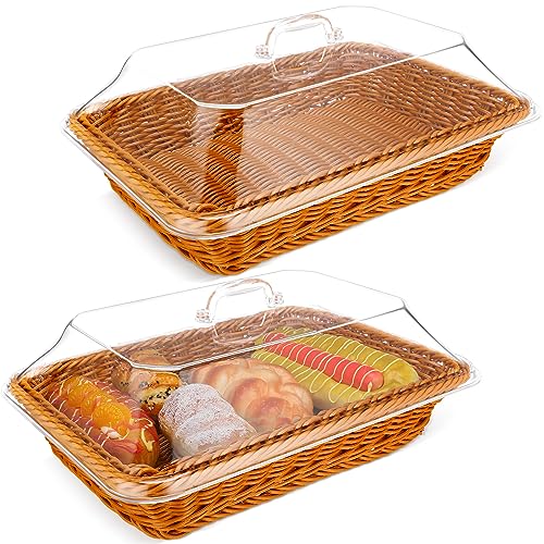 Mumufy 2 Pack Wicker Large Bread Basket for Serving with Acrylic Lid Woven Rectangular Imitation Rattan Fruit Basket with Cover Food Vegetable Display Tabletop Restaurant Kitchen(13.78x9.84'')