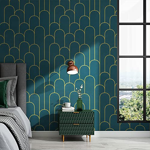 Yasinet Peel And Stick Wallpaper Green And Gold Geometric Wallpaper Removable Modern Stripe Contact Paper Self-Adhesive Waterproof Wallpaper Decorative For Walls Cabinet Vinyl Film 197" X 17.3" #TOP3
