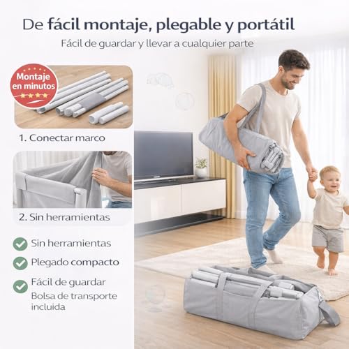 Miniatura 7 de Parvuli Parque Infantil Bebe 120x120cm - Corralito Bebe Con 6 Agarraderas Y Alfombra De Juegos Acolchada - Parque Bebes Para Casa Fácil De Montar Con Malla Transpirable Y Vayas Con Protecciones