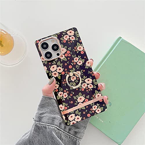 Coque carrée iPhone 14 avec bague support silicone souple antichoc fleur