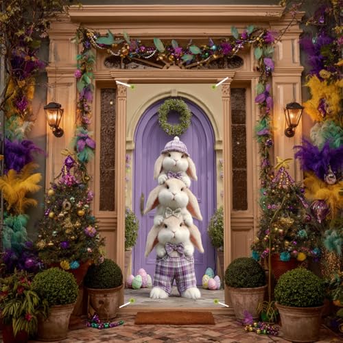 Image of Easter Door Cover Funny Stacked Bunnies Door Banner Happy Easter Door Covers for Front Door Spring Easter Bunny Door Decorations 35x71 Inch