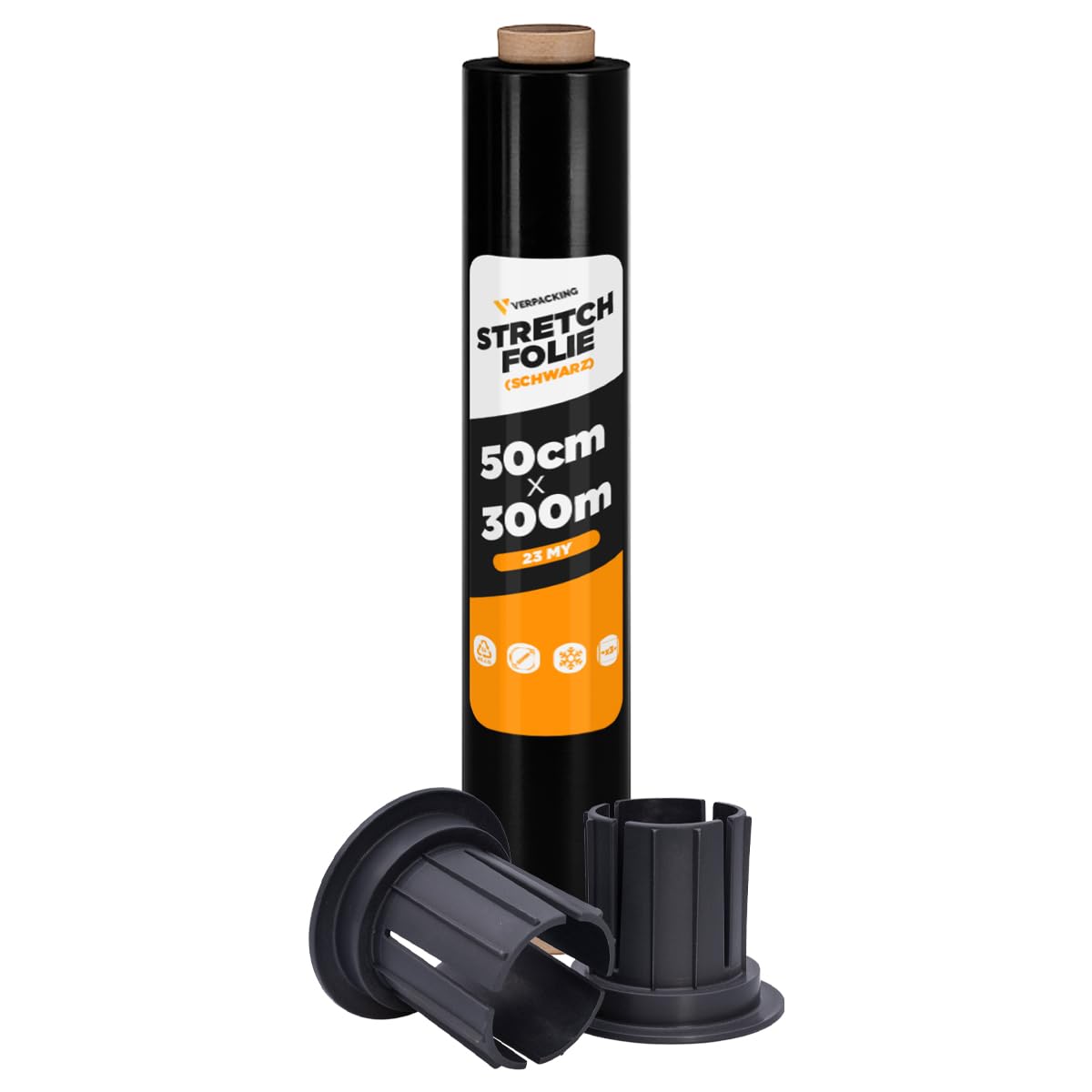Verpacking - Film estirable 23 my negro 500mm x 300m 6 rollos + 2 fundas deslizantes film opaco resistente al desgarro para mudanzas, film de embalaje, film para palets, film de embalaje