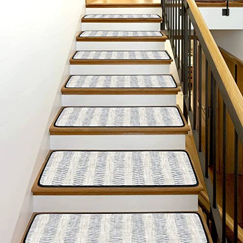 Stair Treads Carpet Set Of 13 Seamless French Farmhouse Herringbone Stripe Provence Blue White Linen Non-Slip Self-Adhesive Safety Rug Stair Mats Step Runner Indoor Wooden Steps For Kids Dogs 30"X8" #TOP6