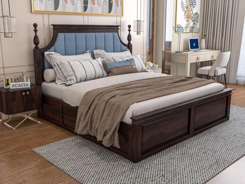 Image of Craft Wooden King Size Bed with Storage | Double Bed Cot Bed with Box Storage & Blue Colour Upholstered Cushioned Headboard for Bedroom, Sheesham Wood, Walnut Finish