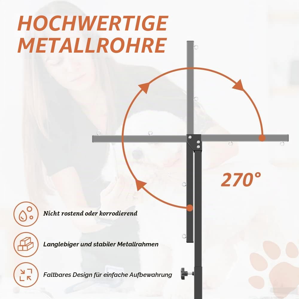 Fellpflegearm mit Klemme, Verstellbarer Hunde-Fellpflege-Tischarm mit Zwei No-Sit-Halterungen und Hängemattengeschirr, faltbares Haustierpflegezubehör für kleine, mittelgroße Hunde