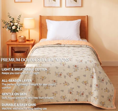 Image of SANMARINO Premium Cotton Reversible Single Bed Dohar, Soft Breathable & Lightweight Floral Printed Design AC Quilt | All Season Blanket for AC Room & Mild Winter Use | 152x228 cm (Buttercup Ivory)
