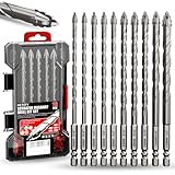 Upgraded Masonry Drill Bit Set 6''(152mm) Length,Serrated Concrete Drill bit Set - (3/16'-1/2') 10-Piece Professional Carbide Drill Bits for Concrete, Tile, Brick, Glass, Ceramic, Wood, and Plastic