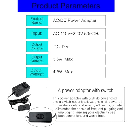 12V 3.5A 3A Power Supply Adapter,DC 12V Power Cord 6.5FT with Switch,AC 100-240V 50/60Hz to DC 12 Volt 3.5Amp 3A 2A 1A Universal Transformer Supply for Routers, Smart Speakers, CCTV Cameras & More by Gilivier - Image 3
