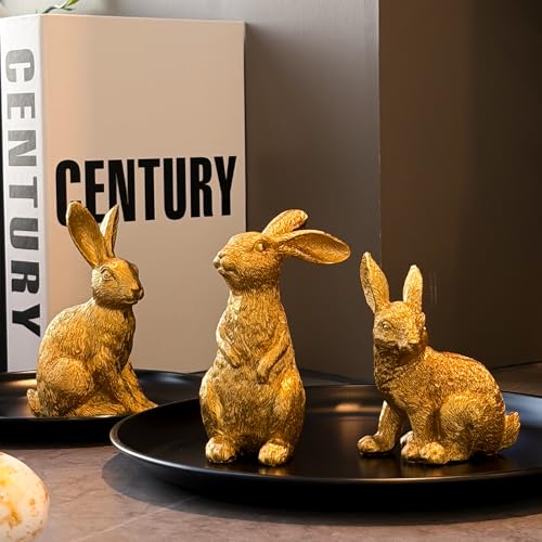 Giunn Easter Decorations for Home-3pcs，Gold Easter Bunny Decor，Brass Rabbit Decor for Spring Home Decor, Vintage Resin Bunnies for Table Centerpieces Mantel Decorations