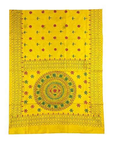 Image of SHRISTI CLOTHINGS Women's Hand Embroidered Cotton Silk Kantha Stitch Saree with Blouse Piece (SB420324 YELLOWD91)