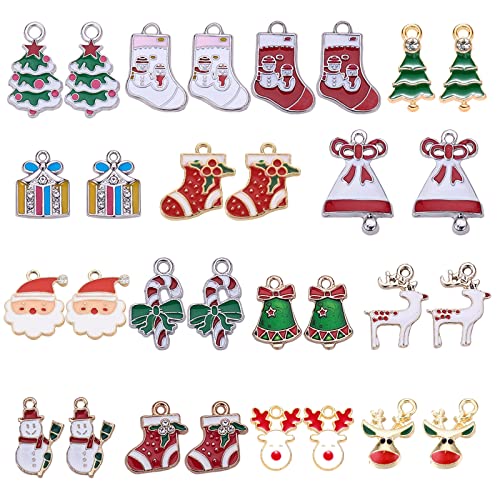 SUNNYCLUE 1 Box 30pcs Rhinestone Christmas Pendant Charms for Necklace Bracelet Jewelry Making Christmas Tree Decor Accessory Xmas Tree Snowflake Snowman Reindeer Charms
