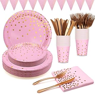 24 Guests Pink and Gold Party Supplies Pink Party Plates Tableware Napkins Cups Reusable Cutlery Banner for Baby Shower Girl 1st 13th 18th Birthday Party Engagement Bridal Shower Pink Paper Plates