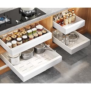 4 Pack Expandable Pull Out Cabinet Organizer 21″Deep With Raising Pad for Framed Cabinets,Upgrade 3 Slide Rails Slide Out Drawers,No Drill Roll Out Shelves,Adjustable Width 12.1″-20.4″ White